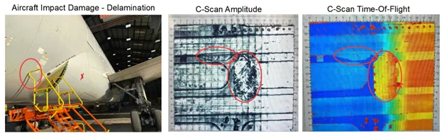 Abbildung 1: Aufgeschlagenes Verbundwerkstoff-Flugzeug Boeing 787 (Dreamliner) C-Scan-Bilder zeigen, dass sich der Rumpf vom Stringerrahmen gelöst hat